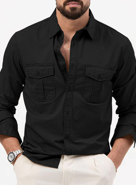 Men's shirts跨境外贸新款欧美男士春秋季衬衫多口袋休闲长袖上衣