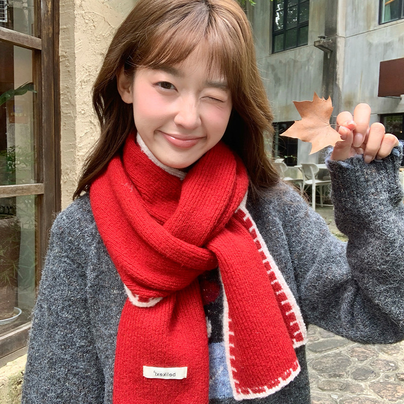 可爱圣诞红色针织围巾女2025新款冬季韩系高级感软糯加厚保暖围脖