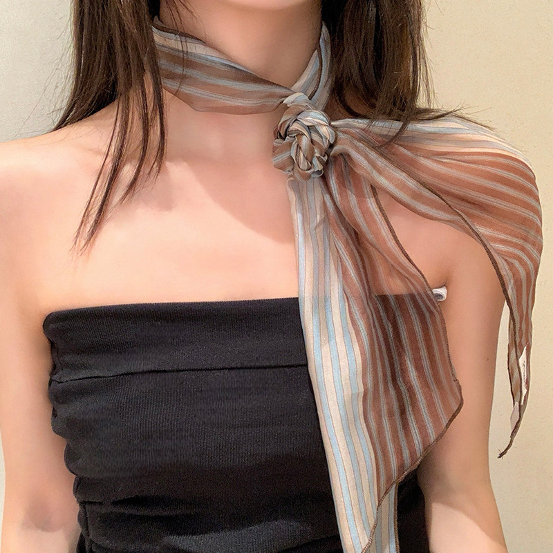 复古拼色长条系腰带丝巾女2026新款高级系脖薄款围巾领巾发带飘带