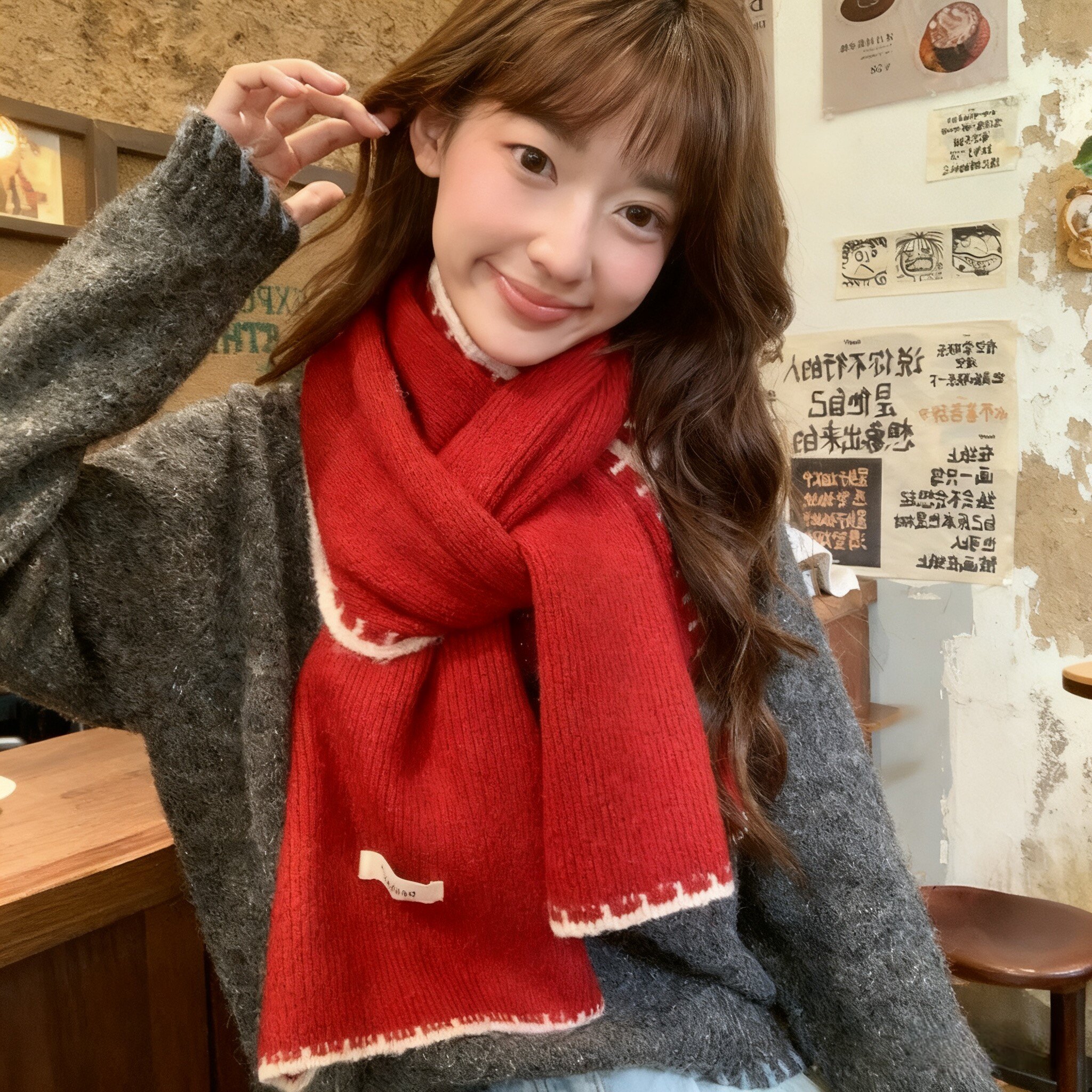 可爱圣诞红色针织围巾女2025新款冬季韩系高级感软糯加厚保暖围脖