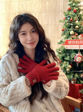 新年红色针织手套女生冬季加绒加厚防寒可触屏骑行分指毛线手套男