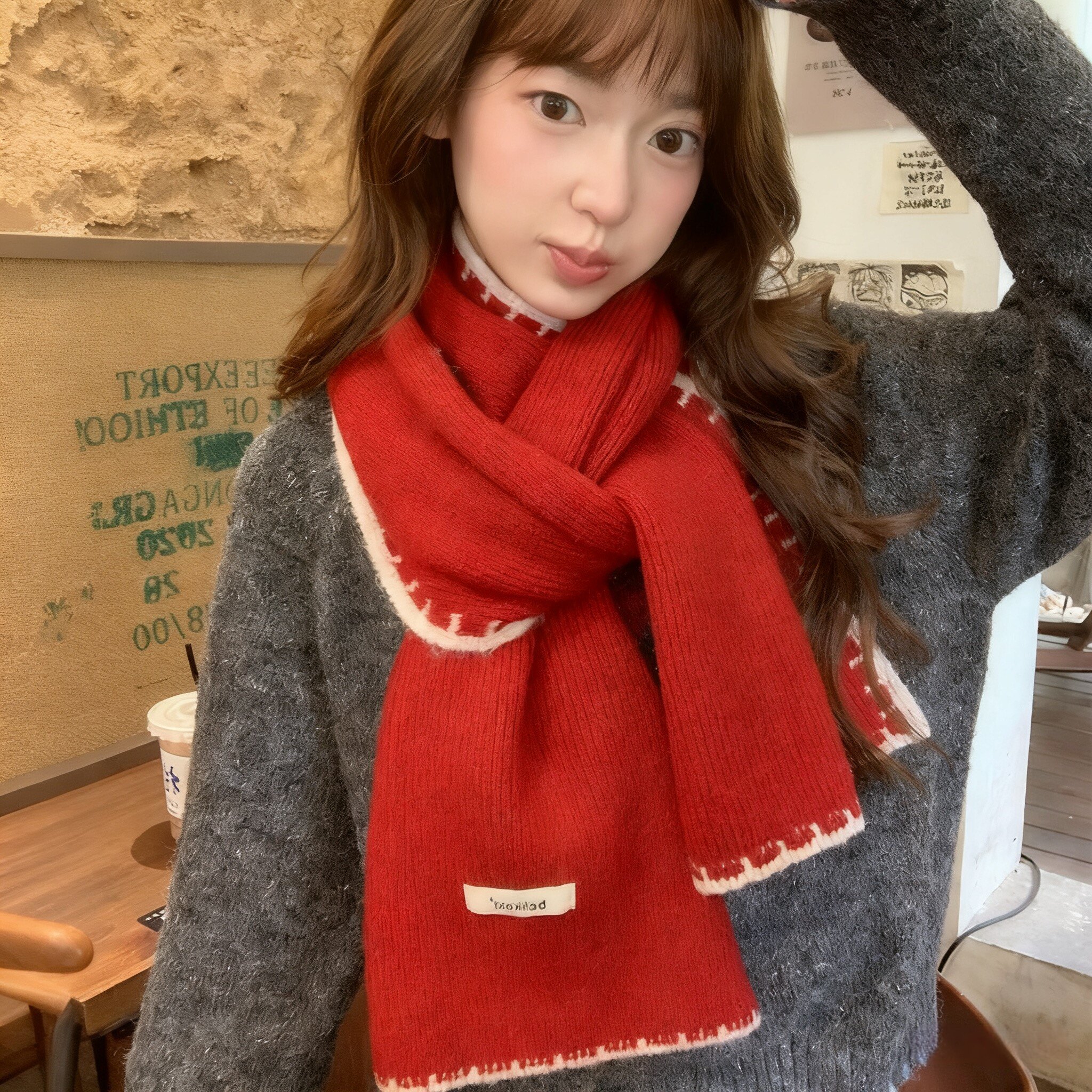可爱圣诞红色针织围巾女2025新款冬季韩系高级感软糯加厚保暖围脖