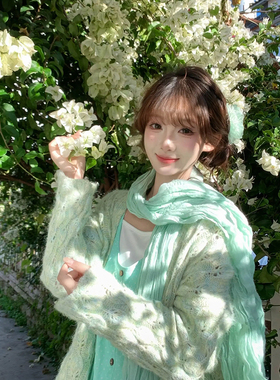 薄荷绿棉麻褶皱丝巾女
