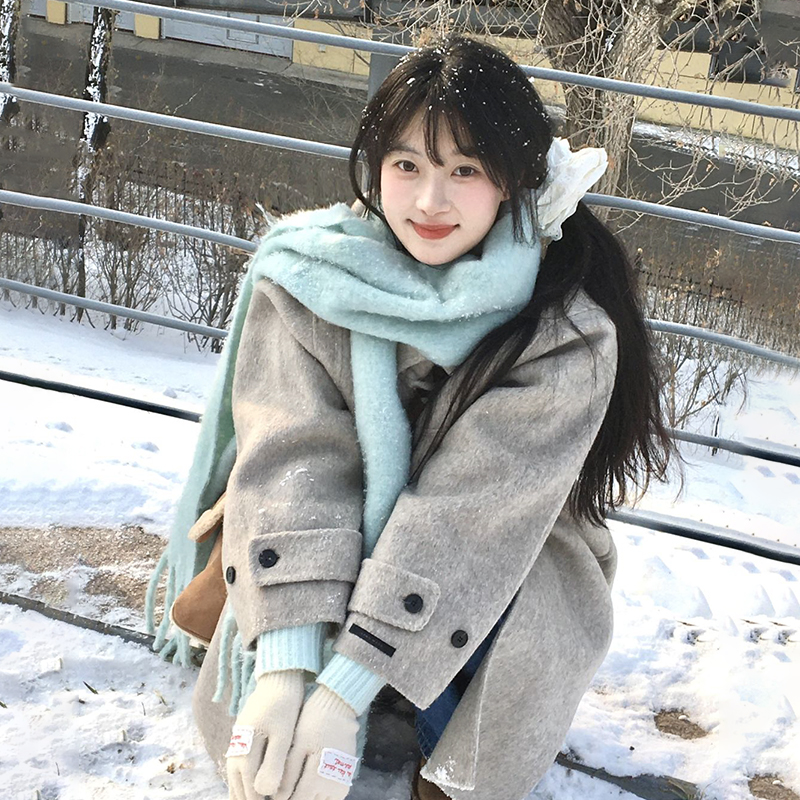 薄荷绿色围巾女冬季2025新款仿马海毛韩系氛围感纯色百搭加厚围脖