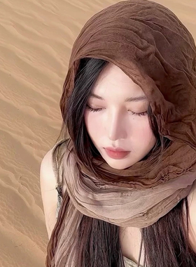 复古民族丝巾废土风亚麻褶皱披肩