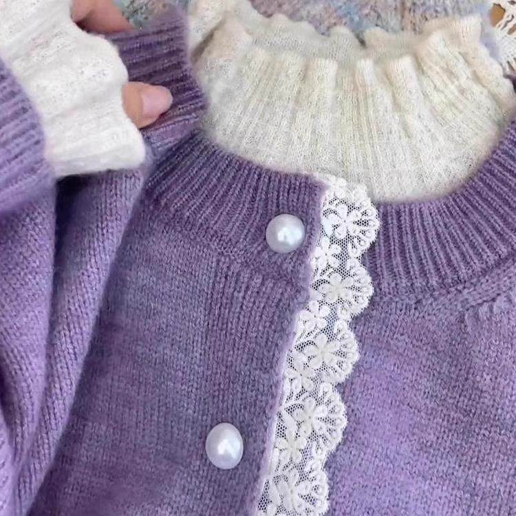 蕾丝拼接紫色毛衣开衫新款2024秋冬季设计感小众超好看针织外套女,淘宝优惠券,粉丝福利购,淘宝优惠卷