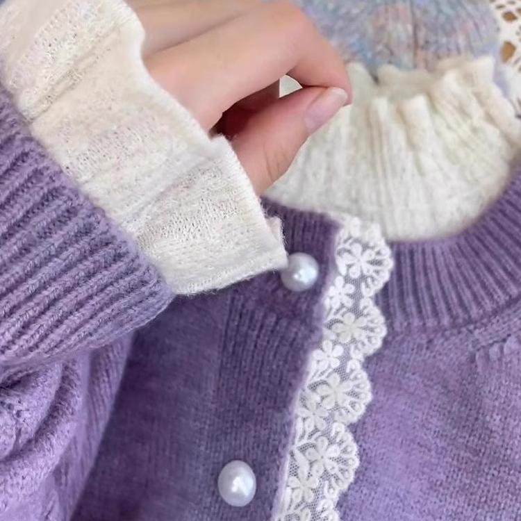 蕾丝拼接紫色毛衣开衫新款2024秋冬季设计感小众超好看针织外套女,淘宝优惠券,粉丝福利购,淘宝优惠卷