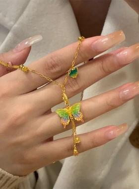 庄周梦蝶高温烧蓝冰透粉绿蝴蝶项链精致梦幻高级感气质毛衣链礼物