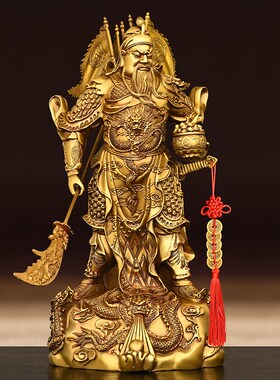 速发纯铜九龙托宝关公摆件提刀关二爷家用眯眼闭眼武财神关羽像铜