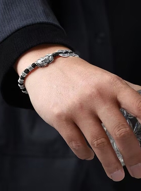 纯银招财转运五帝钱貔貅编绳手链