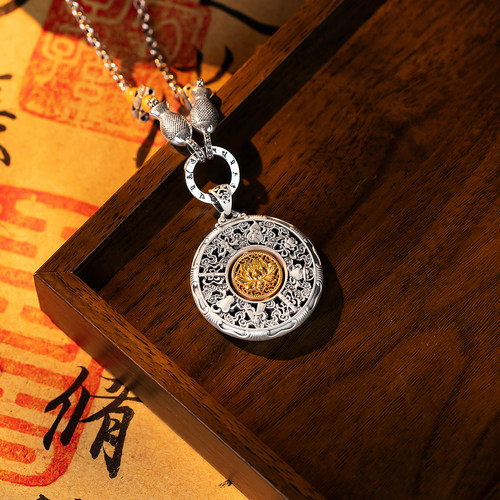 莲花吉祥八宝罗盘999纯银吊坠项链招财毛衣链平安男女款银饰礼物 - 图0