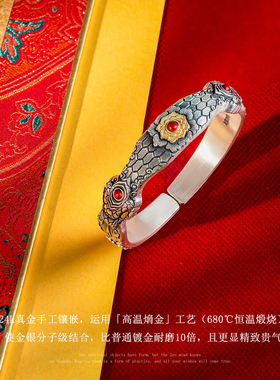 足银999灵蛇朱砂手镯纯银镶金女中国风生肖蛇元素国潮镯子开口镯