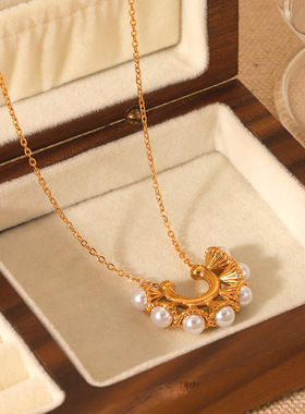 日本品质欧美U形不锈钢喇叭花镶珍珠吊坠项链女小众设计钛钢锁骨