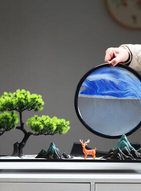 迎客松创意沙漏流沙画摆件新中式客厅禅意玄关办公室茶桌软装饰品