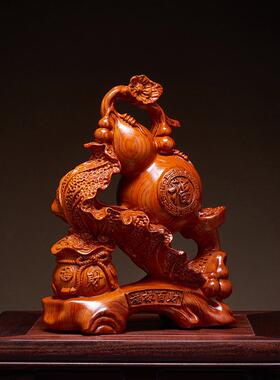 花梨木雕福禄百财葫芦摆件实木质聚宝盆如意客厅玄关店铺开业送礼