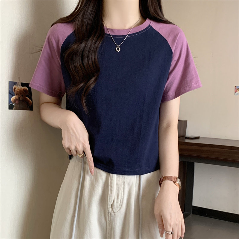 小个子短款撞色拼接短袖T恤女夏季学生宽松半袖闺蜜姐妹装上衣服