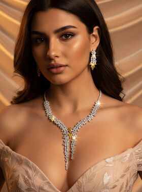 高品质闪亮花卉锆石项链耳环镶钻花卉长款吊坠精致个性甜美套装