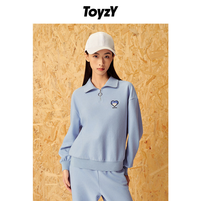 ToyzY24春夏清新浅蓝宽松落肩半开襟polo衫+收褶束脚松紧腰休闲裤,淘宝优惠券,粉丝福利购,淘宝优惠卷