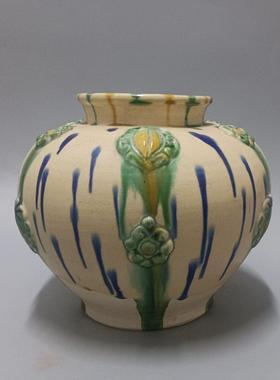 仿古陶瓷器双系莲花口瓶摆件