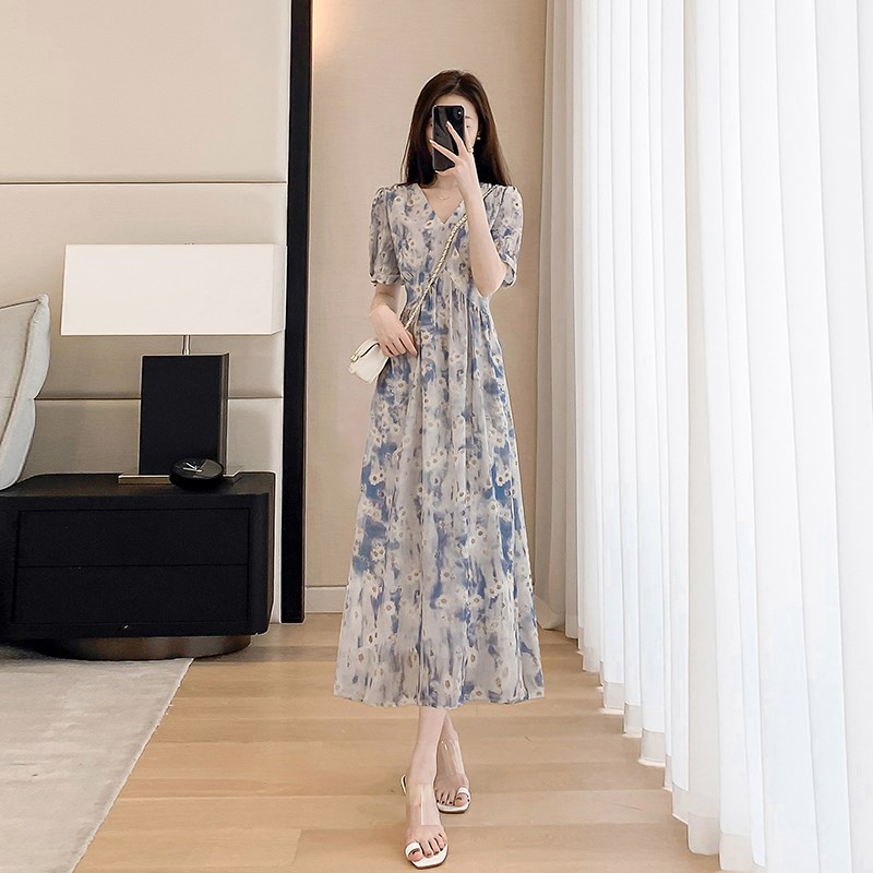 速发温柔裙碎风连衣花夏2024年新款中长款v领a字裙子 - 图1