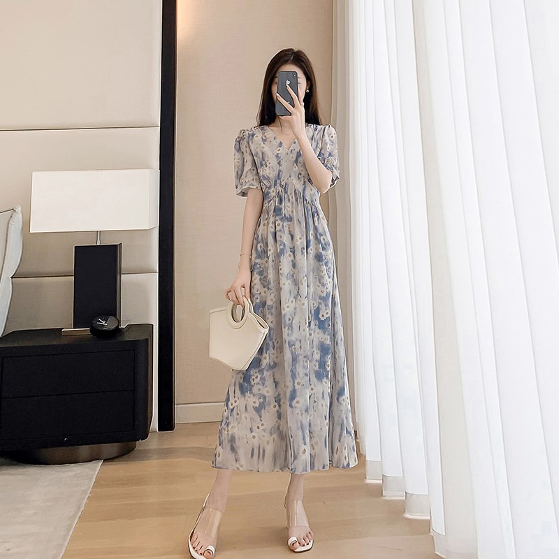 速发温柔裙碎风连衣花夏2024年新款中长款v领a字裙子 - 图0