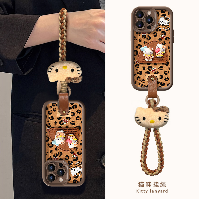 适用苹果17promax手机壳秋冬新女款16/15pro豹纹猫咪支架挂绳iPhoneAir磨砂羊皮14plus高级13p美拉德12防摔11 - 图3