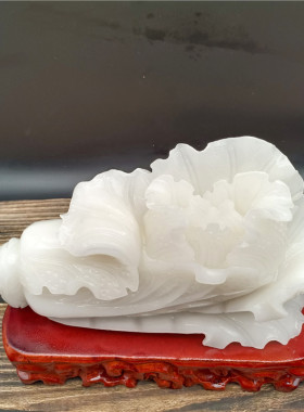 阿富汗白玉白菜摆件纯手工明清y古典桌面工艺品实木根雕底座礼盒