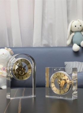 欧式轻奢b水晶时钟摆件工艺品客厅玄关桌面几何装饰品机械黄铜钟