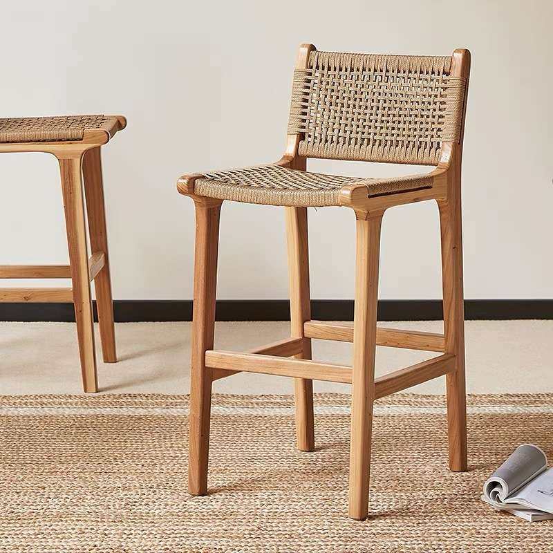 高脚吧椅实木绳编椅民宿酒吧咖啡厅家用靠背马鞍皮革吧台卡座座椅,淘宝优惠券,粉丝福利购,淘宝优惠卷