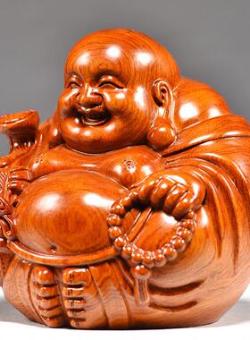 花梨实木质弥勒佛像摆件如意坐莲笑佛雕刻家居客厅装饰送礼工艺品