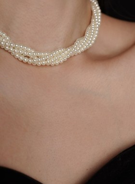速发戏梦vitage复古经典赫本风高级感多层珍珠项链/锁骨链
