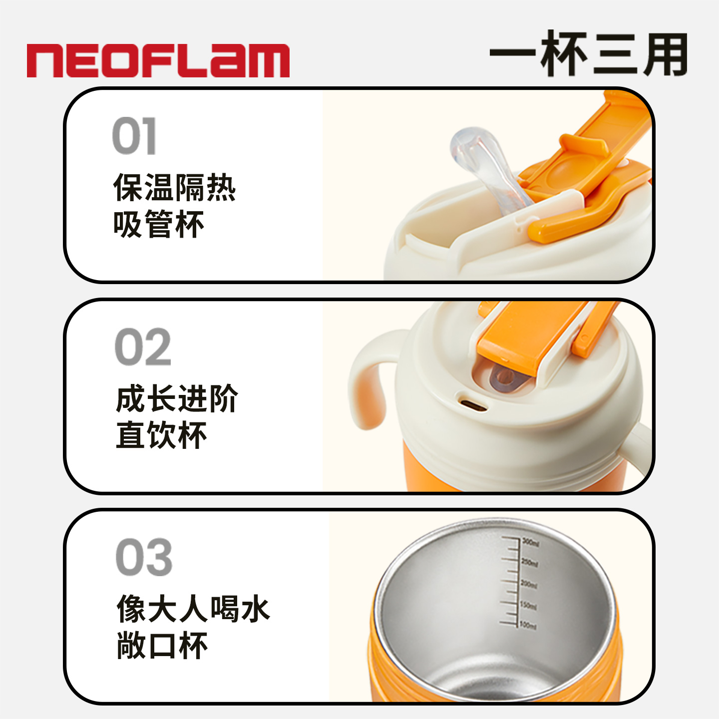 韩国Neoflam宝宝牛奶杯带刻度儿童水杯直饮吸管奶瓶1岁以上学饮杯