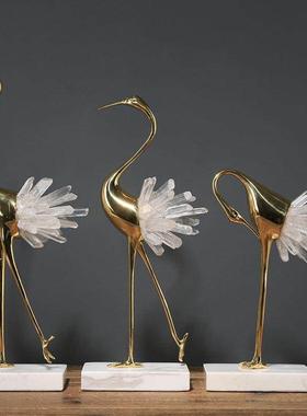 纯铜轻奢水晶仙鹤摆件样板房客厅电视柜桌面玄关摆设家居装饰品