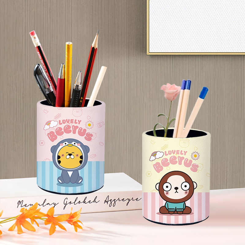 卡通可爱创意皮革笔筒时尚轻奢个性学生儿童桌面收纳盒高颜值摆件 - 图0