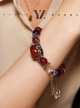 迷雾森林天然水晶手链白羊座草莓晶紫水晶手串红胶花水晶幸运礼物