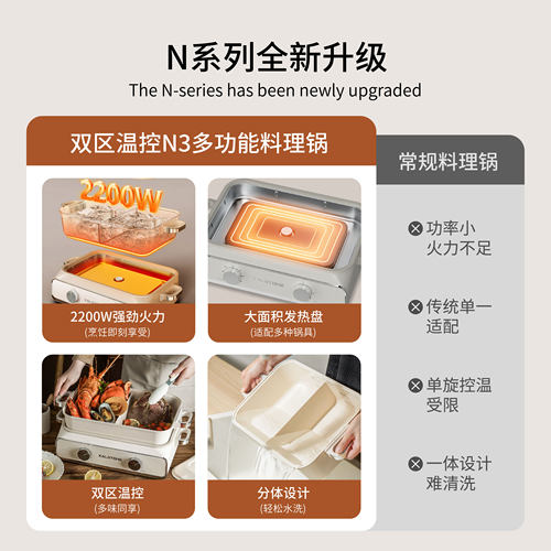 巢石N3多功能料理锅鸳鸯家用烤肉双区调温火锅电煮锅电锅2200w - 图0