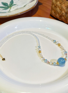 【冰岛】天然海蓝宝珍珠项链白水晶草莓晶送女友老婆新款水晶吊坠
