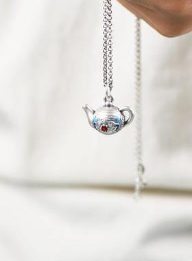 网红-足银吊坠文艺小巧景泰蓝银壶茶壶造型吊饰挂件编绳手工配饰