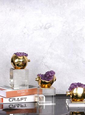 新中式多子多福紫晶石榴摆件办公室客厅书房家居装饰品黄铜工艺品