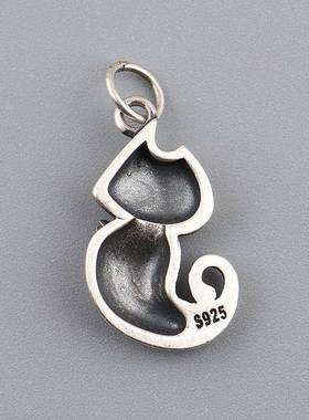 网红- 925银哑光复古泰银手绳挂坠 女款蝴蝶结小花猫吊坠