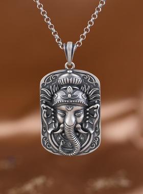 网红- 925银象鼻像吊坠 复古工艺哑光亮银吉象银牌挂件毛衣坠