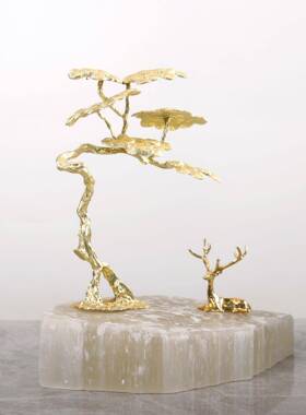 现代轻奢迎客松天然石底座摆件客厅高档卧室玄关家居软装装饰品