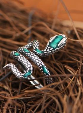 网红- 925银戒指 复古做旧潮人设计银蛇开口指环男女戒手饰银饰