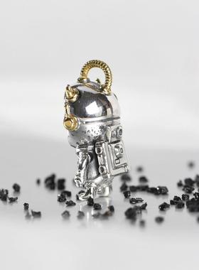 网红-复古设计感宇航员太空人项链坠男女沙晶石吊饰925纯银吊坠