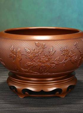 紫铜双凤钵铜聚宝盆家居玄关办公室商务礼品摆件