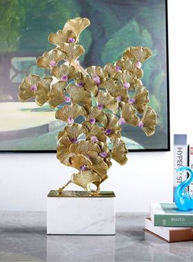 轻奢现代风铜制银杏叶白色大理石摆件玄关酒柜电视柜家居装饰品