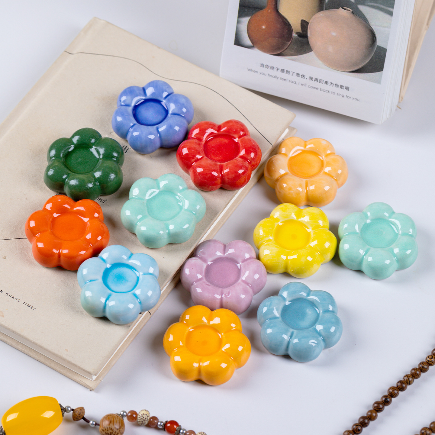 彩色花朵造型陶瓷桌面摆件可爱卡通装饰品创意托盘家居转转乐配件 - 图1