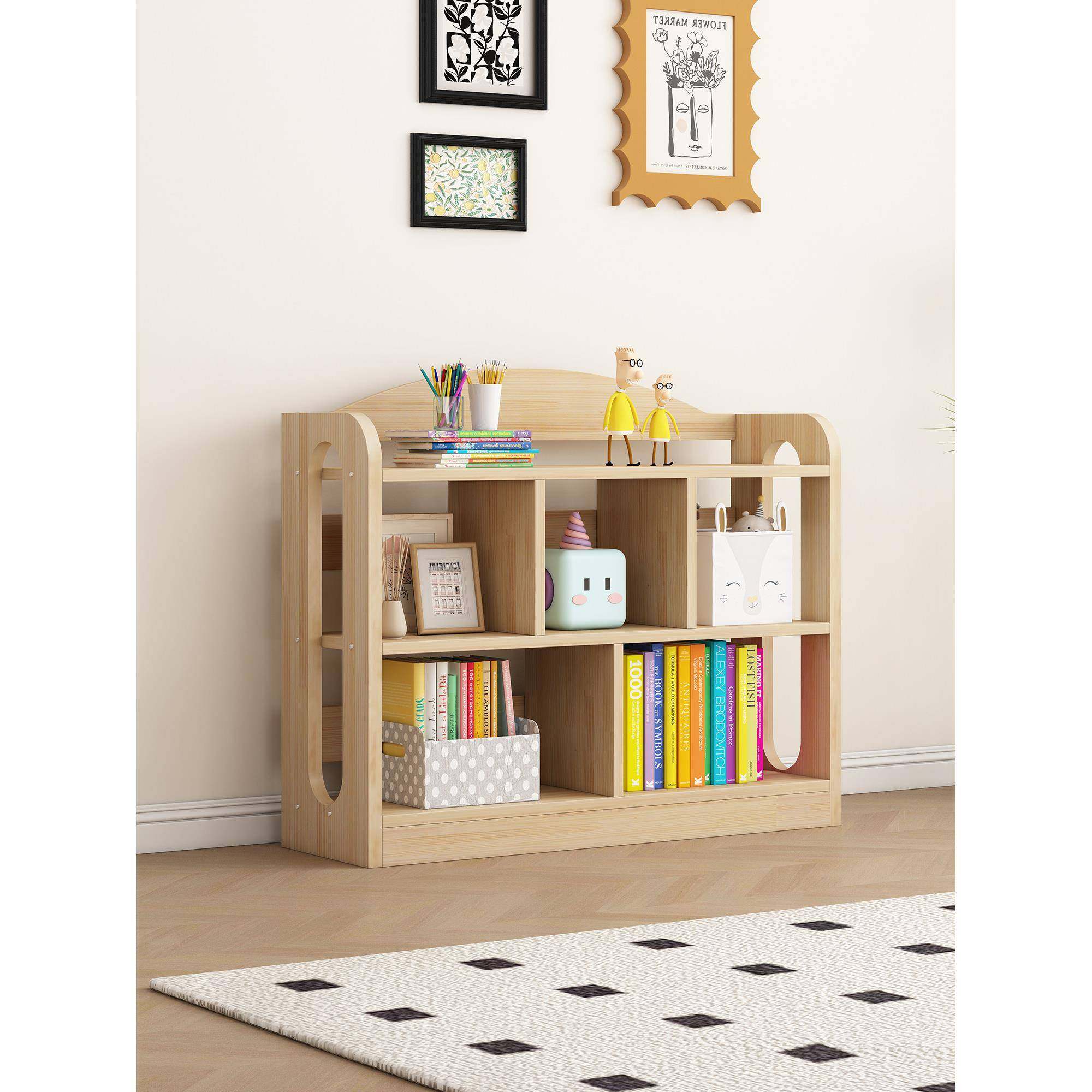 实木书架落地置物架简易家用儿童书柜一体靠墙格子柜矮柜置物柜,淘宝优惠券,粉丝福利购,淘宝优惠卷