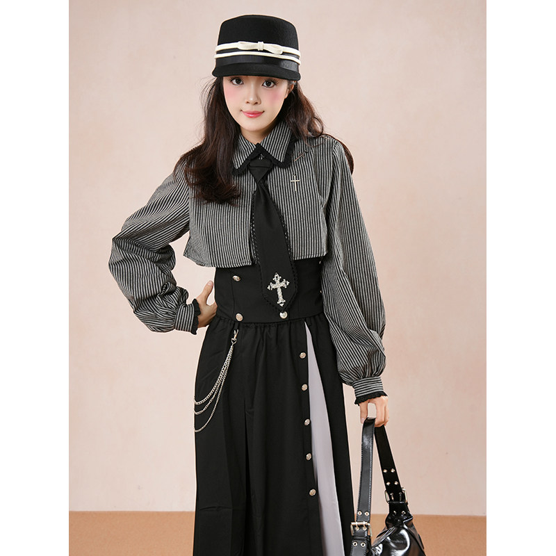 【十字颂歌】2026秋季条纹哥特显瘦衬衫十字腰封装饰不对称套装裙,淘宝优惠券,粉丝福利购,淘宝优惠卷