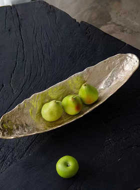 进口铝制长条船型大果盘托盘摆件现代样板间花盆花器客厅玄关装饰